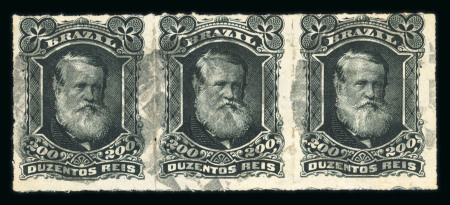 Stamp of Brazil » 1866-83 Dom Pedro » 1877-78 Roulette "White Beard" Issue Brazil 1877-78 Dom Pedro White Beard 200r black horizontal strip of 3 used