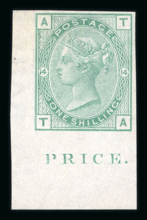Stamp of Great Britain » 1855-1900 Surface Printed » 1873-80 Large Coloured Corner Letters 1873-80 Spray 1s green "abnormal" pl. 14 TA lower left corner marginal imprimatur with part inscription