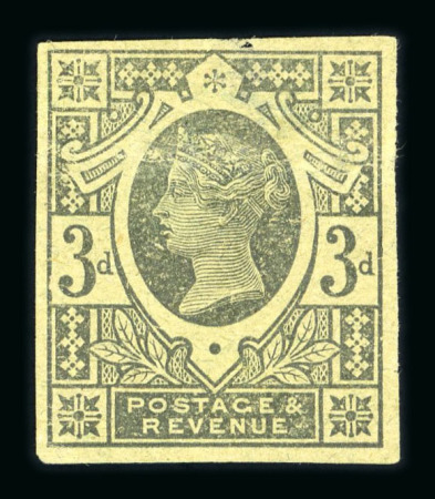 Stamp of Great Britain » 1855-1900 Surface Printed » 1887-1900 Jubilee Issue & 1891 £1 Green 1887-92 Jubilee 3d plate proof imperforate in black on green