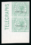 Stamp of Great Britain » Telegraphs 1876 Telegraph: 1s green pl. 4 in lower left corner marginal vertical pair imperforate mint o.g. optd. SPECIMEN