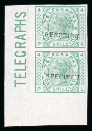 Stamp of Great Britain » Telegraphs 1876 Telegraph: 1s green pl. 4 in lower left corner marginal vertical pair imperforate mint o.g. optd. SPECIMEN