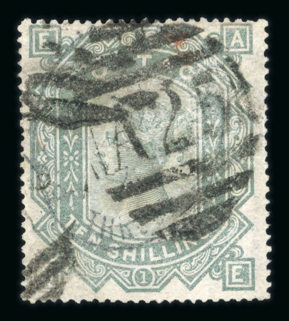Stamp of Malta 1859-84 GB 10s grey-green with faint Threadneedle Street postmark and forged "A25" postmark