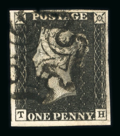 Stamp of Great Britain » 1840 1d Black and 1d Red plates 1a to 11 1840 1d black pl. 8 TH with 4 good to large margins and neat strike of black MC, matched with "black" printing in red