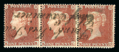 Stamp of Great Britain » 1854-70 Perforated Line Engraved 1854-57 Small Crown P16 1d red-brown in horizontal strip of three with large part of the "Frank Ives Scudamore" handstamp