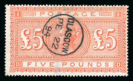 Stamp of Great Britain » 1855-1900 Surface Printed » 1867-83 High Values 1867-83 £5 orange used with neat Glasgow cds