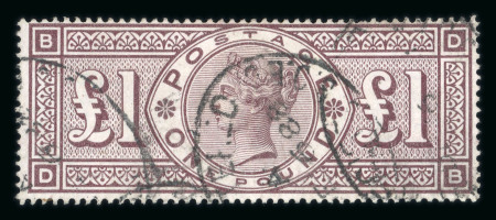 Stamp of Great Britain » 1855-1900 Surface Printed » 1883-84 & 1888 High Values 1888 Orbs £1 brown-lilac DB used with parts of three oval Registered cancels