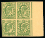 Stamp of Great Britain » King Edward VII » 1902-10 De La Rue Issues 1902-10 De La Rue 1/2d Plate Proof in blue-green on yellowish paper in block of four and single