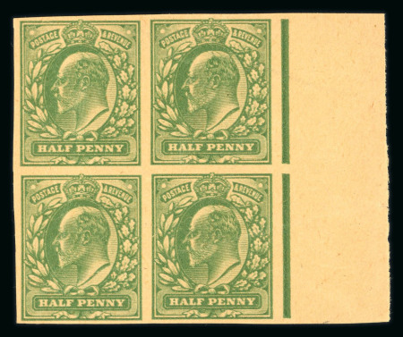 Stamp of Great Britain » King Edward VII » 1902-10 De La Rue Issues 1902-10 De La Rue 1/2d Plate Proof in blue-green on yellowish paper in block of four and single
