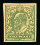 Stamp of Great Britain » King Edward VII » 1902-10 De La Rue Issues 1902-10 De La Rue 1/2d Plate Proof in blue-green on yellowish paper in block of four and single