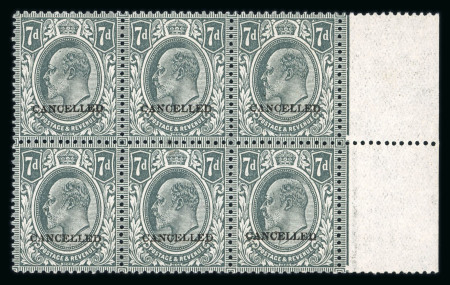 Stamp of Great Britain » King Edward VII » 1911-13 Somerset House Issues 1910-13 Somerset House 7d slate-grey in marginal block of six mint n.h. with CANCELLED (type 25) overprint