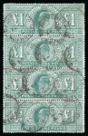 Stamp of Great Britain » King Edward VII » 1902-10 De La Rue Issues 1902-10 De La Rue £1 dull blue-green in vertical strip of 4 used