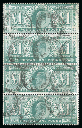 Stamp of Great Britain » King Edward VII » 1902-10 De La Rue Issues 1902-10 De La Rue £1 dull blue-green in vertical strip of 4 used