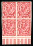 Stamp of Great Britain » King George V » 1911-12 Downey Head Issues 1911-12 Downey Head Die II 1d carmine imperforate paper trial in marginal block of 4
