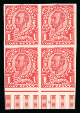 Stamp of Great Britain » King George V » 1911-12 Downey Head Issues 1911-12 Downey Head Die II 1d carmine imperforate paper trial in marginal block of 4