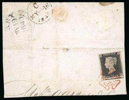 Stamp of Great Britain » 1840 1d Black and 2d Blue "May Dates" 1840 1d black pl. 1a OK with 4 large margins on large piece tied neat strike of red MC with 16 MY 1840