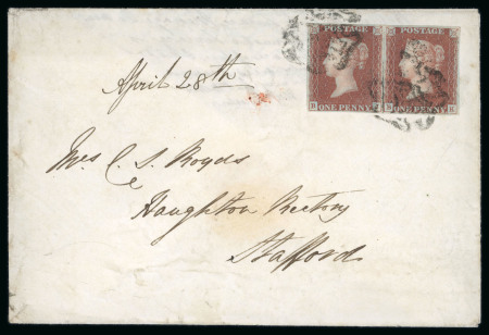 Stamp of Great Britain » 1840 1d Black and 1d Red plates 1a to 11 1841 1d pl. 5 red printing from "black plate" in pair BJ-BK (scissor cut in margin between) tied black MC on neat cover to Stafford