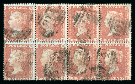 Stamp of Great Britain » 1854-70 Perforated Line Engraved 1855 1d yellow-brown die II alphabet II pl. 14 in used block of 8