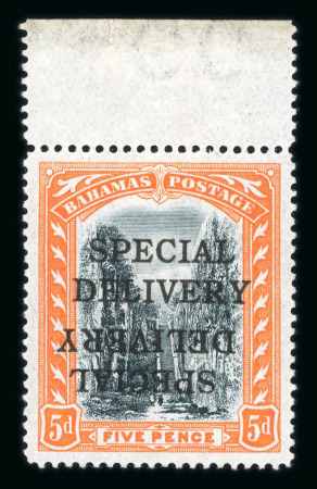 Stamp of Bahamas 1916 Special Delivery 5d black and orange upper marginal mint n.h. with variety overprint double, one inverted