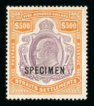 Stamp of Malaysia » Straits Settlements 1906-12 $500 purple and orange optd SPECIMEN mint