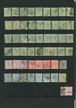 Stamp of Cyprus 1882-94 accumulation of used low values on Hagner