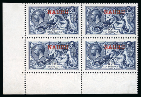 Stamp of Nauru 1916-23 10s indigo-blue in lower left corner marginal block of four mint n.h. each with variety overprint double, one albino