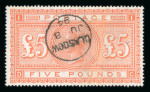 Stamp of Great Britain » 1855-1900 Surface Printed » 1867-83 High Values 1867-83 £5 orange used with neat "Glasgow JU 8 94" cds
