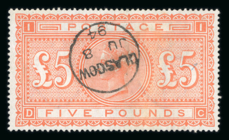 Stamp of Great Britain » 1855-1900 Surface Printed » 1867-83 High Values 1867-83 £5 orange used with neat "Glasgow JU 8 94" cds