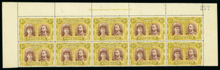 Stamp of Rhodesia 1910-13 5d purple brown and olive-yellow perforation 14 in upper corner marginal block of ten