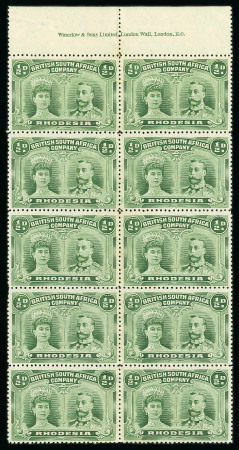 Stamp of Rhodesia 1910-13 1/2d dull blue-green perforation 14 pl. II in block of sixty