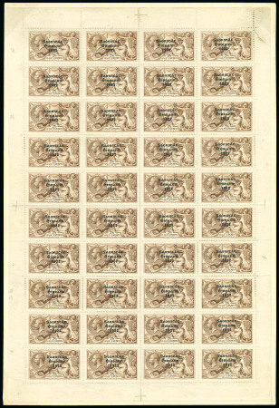 Stamp of Ireland » 1922-23 Thom Three-Line Overprints (T47-T61) 2s6d Chocolate-Brown – Complete Sheet of 40, Plate 3/5 Left (State 2) & Plate 3A Mint. A magnificent sheet featuring some toning and hinge reinforcements, but of exceptional interest due to its multiple key varieties: po
