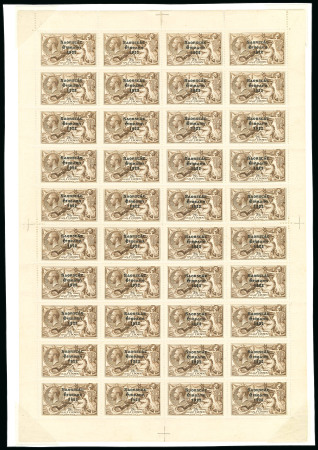 Stamp of Ireland » 1922-23 Thom Three-Line Overprints (T47-T61) 2s6d Chocolate-Brown – Exceptional Complete Sheet of 40, Plate 3/5 Right (State 2). A stunning complete mint sheet of 40, mostly never-hinged, with lightly toned gum and only two small reinforced areas. A visually striki