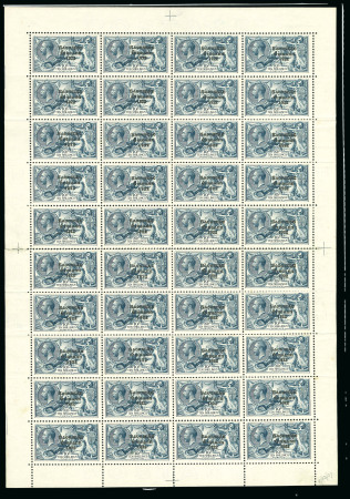 Stamp of Ireland » 1925 Narrow Date Overprints (T66-T68) 10s Dull Grey-Blue – Exceptional Full Mint Sheet of 40. A striking full sheet of 40 mint, comprising two panes of 20 joined by hinges, with 36 never-hinged examples. While the gum is slightly toned, the colour is superb