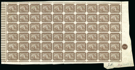 Stamp of Egypt » 1888-1906 New Currency 1m brown, imperforated proof pane of sixty (60), from the bottom-right of the sheet, plate proof number "2" also bottom right, alongside manuscript initials "JA" of John Ash and "HC" of H. Cackett, plus handstamped date 
