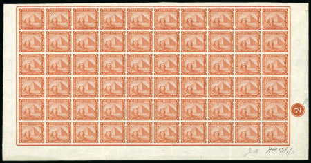 Stamp of Egypt » 1888-1906 New Currency 2pi orange-brown, imperforated proof pane of sixty (60), from the bottom-right of the sheet, plate proof number "2" also bottom right, alongside manuscript initials "JA" of John Ash and "HC" of H. Cackett, plus manuscrip