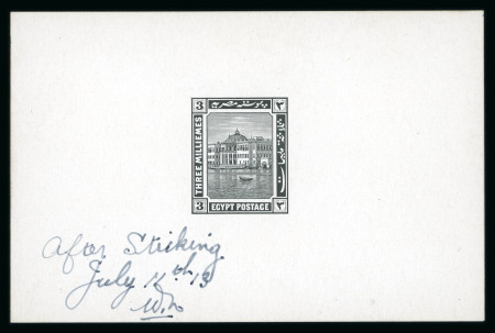 Stamp of Egypt » 1914-1922 Pictorials 3 Milliemes, die proof in black on glossy card (92 x 60mm) with manuscript "After Striking/July 11th 13/Wh", very fine and scarce