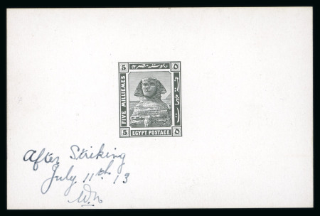 Stamp of Egypt » 1914-1922 Pictorials 5 Milliemes, die proof in black on glossy card (92 x 60mm) with manuscript "After Striking/July 11th 13/Wh", very fine and scarce