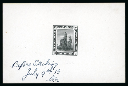 Stamp of Egypt » 1914-1922 Pictorials 10 Milliemes, die proof in black on glossy card (92 x 60mm) with manuscript "After Striking/July 11th 13/Wh", very fine and scarce