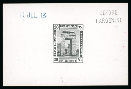 Stamp of Egypt » 1914-1922 Pictorials 1914 First Pictorial Issue: 20 Milliemes, die proof in black on glossy card (92 x 60mm) with dated handstamp "11 JUL.13" and "BEFORE HARDENING" alongside, very fine and scarce