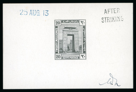 Stamp of Egypt » 1914-1922 Pictorials 1914 First Pictorial Issue: 20 Milliemes, die proof in black on glossy card (92 x 60mm) with dated handstamp "25 AUG.13" and "AFTER STRIKING" alongside, plus manuscript initials "Wh", very fine and scarce
