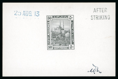 Stamp of Egypt » 1914-1922 Pictorials 1914 First Pictorial Issue: 50 Milliemes, die proof in black on glossy card (92 x 60mm) with dated handstamp "25 AUG.13" and "AFTER HARDENING" alongside, plus manuscript initials "Wh", very fine and scarce
