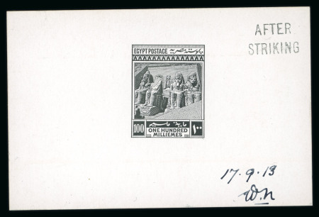 Stamp of Egypt » 1914-1922 Pictorials 1914 First Pictorial Issue: 100 Milliemes, die proof in black on glossy card (92 x 60mm) with manuscript date and initials "17.9.13/Wh"" and "AFTER STRIKING" alongside, very fine and scarce.