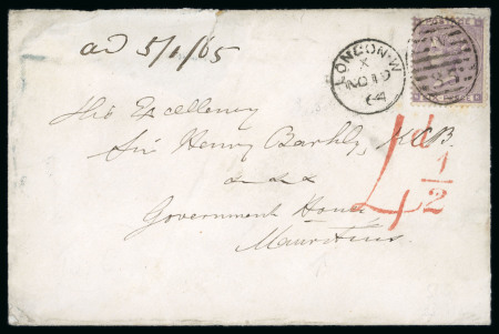 Stamp of Mauritius » Incoming Mail Great Britain 1864 6d incoming envelope with red 4d 1/2 handstamp