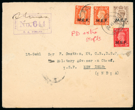 Stamp of British Occupation of Italian Colonies » Eastern Africa M.E.F. K.U.T. 1941 mixed franking censor cover, to India