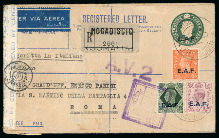 Stamp of British Occupation of Italian Colonies » Somalia Somalia 1945 uprated E.A.F. registered stationery censor AV2 airmail to rome