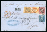 Stamp of Egypt » French Post Offices » Alexandria 1863 (28 Aout) outer letter sheet to Lyon franked Napoleon imperf80c. and perforated 10c., 20c. and 40c. each tied by '5080' numeral within lozenge of dots, blue oval company chop and endorsed "Pr Bateau anglais voie de 