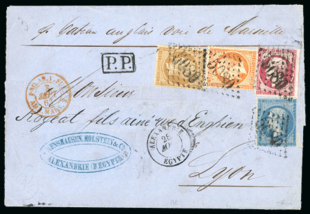 Stamp of Egypt » French Post Offices » Alexandria 1863 (28 Aout) outer letter sheet to Lyon franked Napoleon imperf80c. and perforated 10c., 20c. and 40c. each tied by '5080' numeral within lozenge of dots, blue oval company chop and endorsed "Pr Bateau anglais voie de 
