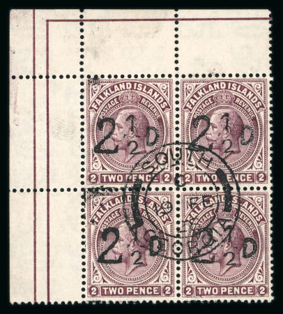 Stamp of Falkland Islands 1928 South Georgia Provisional 2 1/2d on 2d purple-brown in top left corner marginal used block of four