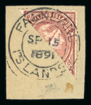 Stamp of Falkland Islands 1889-91 1d red-brown diagonal bisect on piece tied by complete "FALKLAND ISLANDS" SP 15 1891 cds