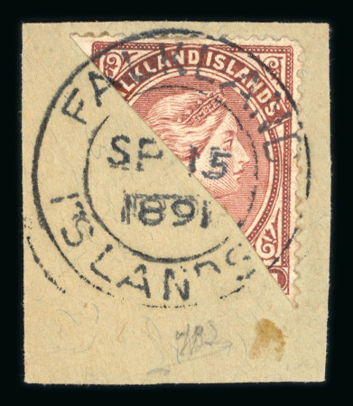 Stamp of Falkland Islands 1889-91 1d red-brown diagonal bisect on piece tied by complete "FALKLAND ISLANDS" SP 15 1891 cds