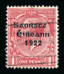 Stamp of Ireland » 1922-23 Thom Three-Line Overprints (T47-T61) 1d Scarlet – “Accent and Final ‘t’ Missing” Variety, Used. A very fine and exceptionally rare used example of the 1d Scarlet, with part slogan cancel, showing the sought-after “accent and final ‘t’ missing” variety. Appa